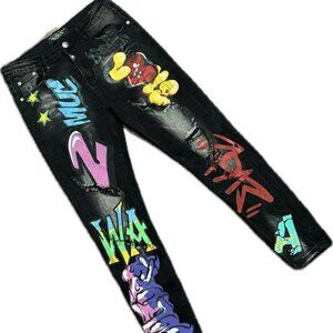 PHILLIPP PLEIN Illegal Fight Club Straight Ankle Graffiti Black Jeans SZ 31